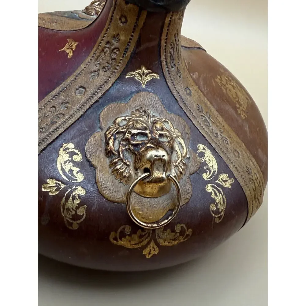 Vintage Italian Leather Wrapped Glass Decanter Lion Head Barware 11.25
